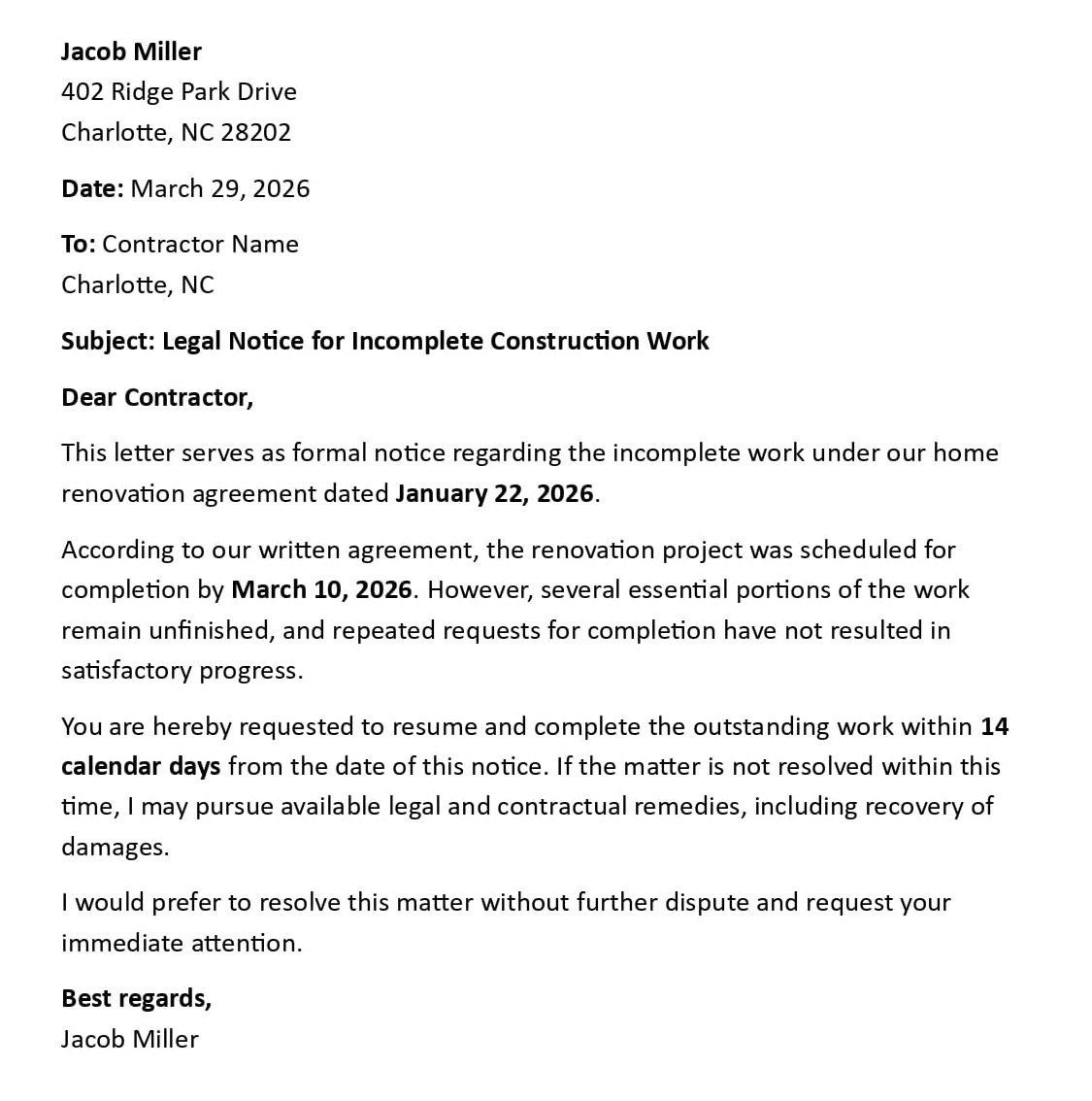 Legal Notice for Incomplete Construction Work