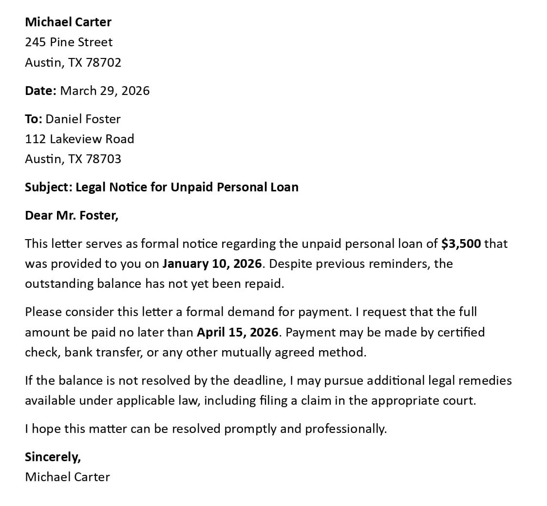 Legal Notice for Unpaid Personal Loan