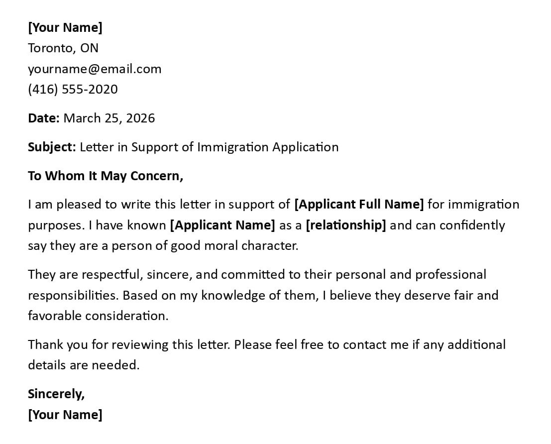 Letter in Support of Immigration Application