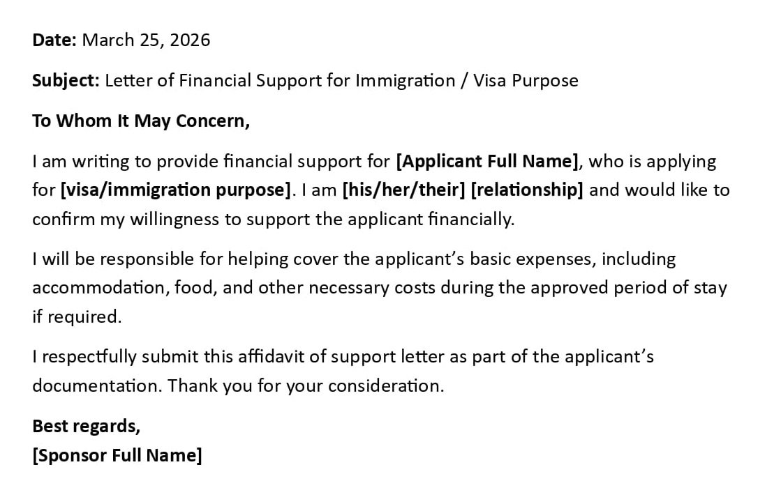 Letter of Financial Support for Immigration Visa Purpose