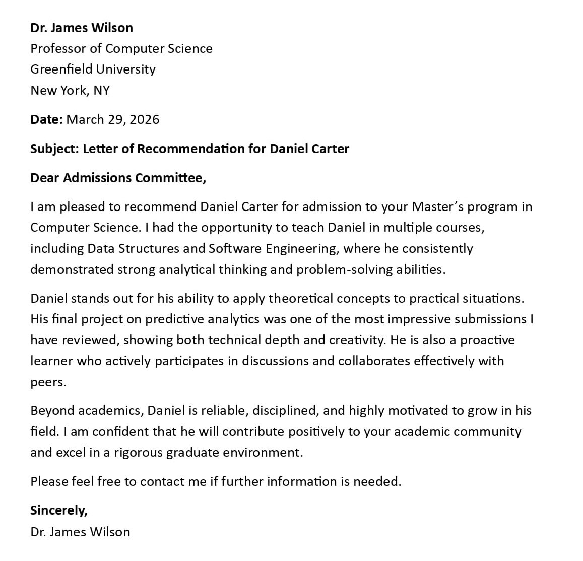 Letter of Recommendation for Daniel Carter