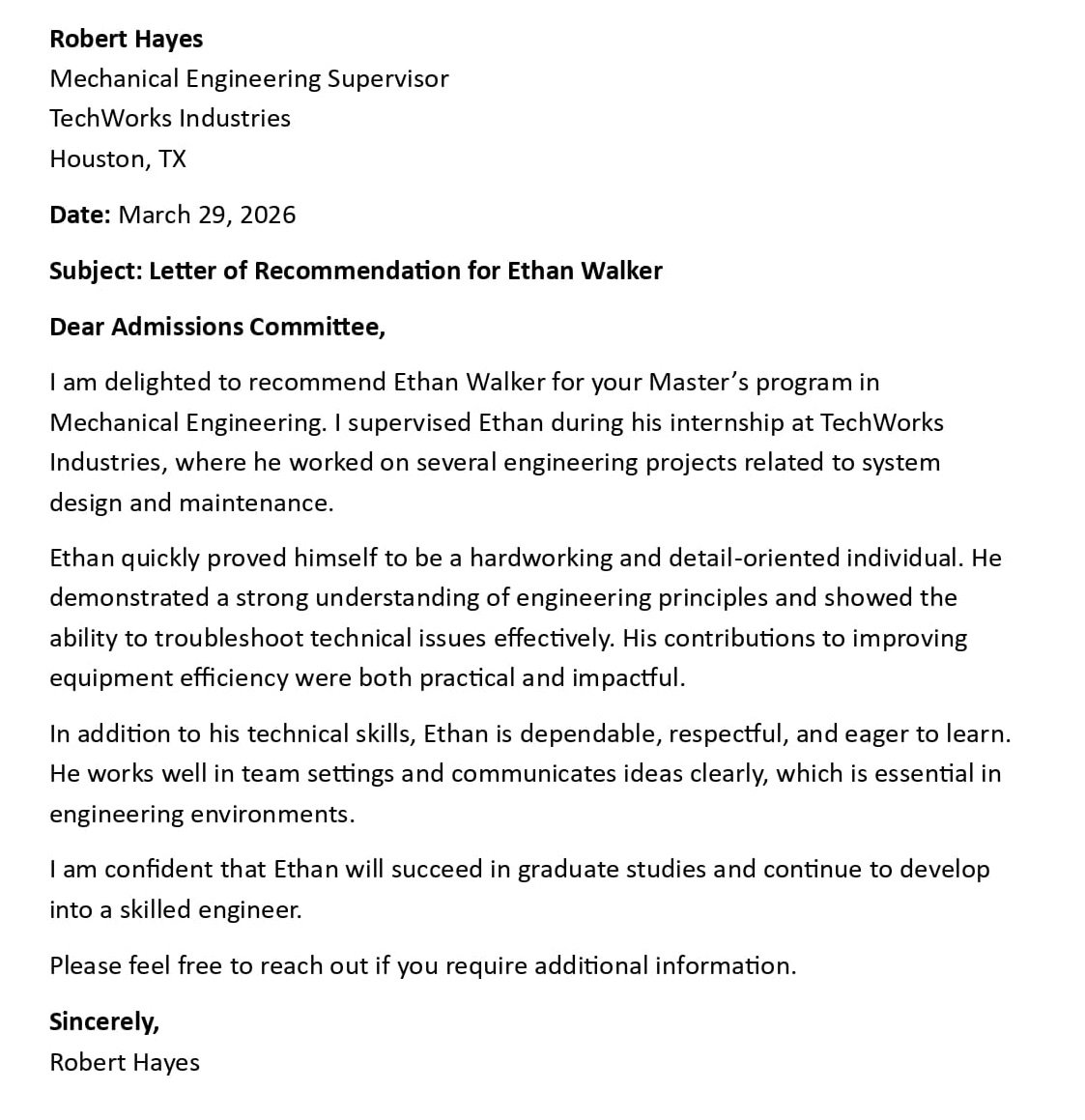 Letter of Recommendation for Ethan Walker
