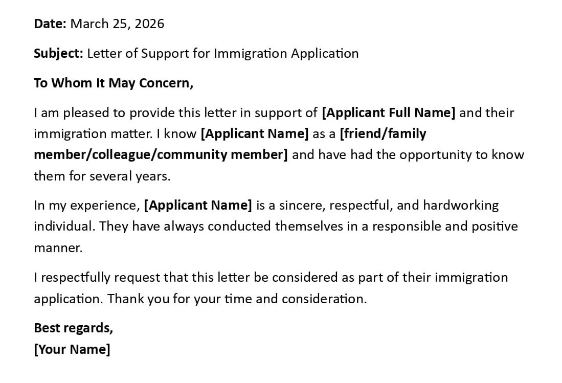 Letter of Support for Immigration Application