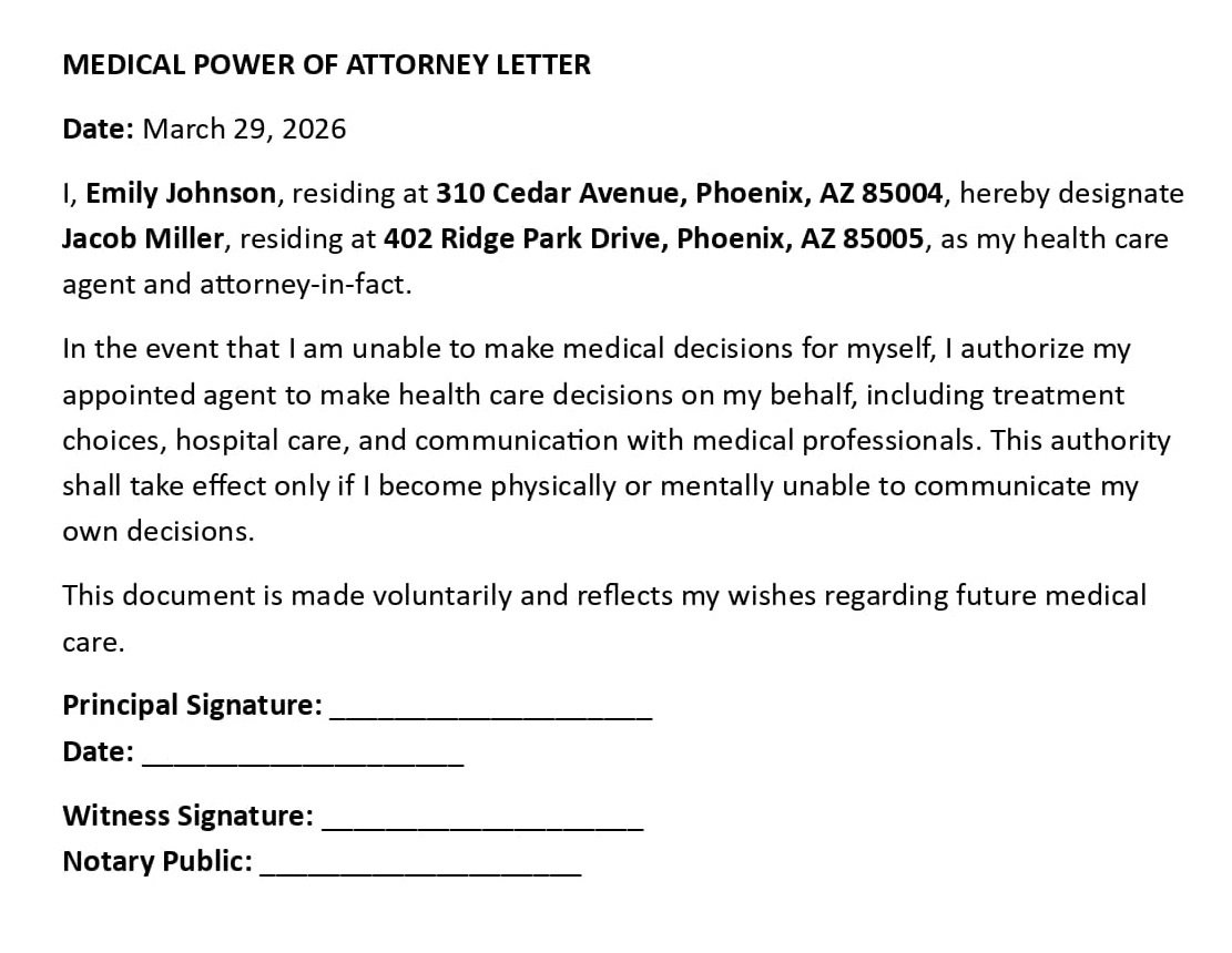 MEDICAL POWER OF ATTORNEY LETTER