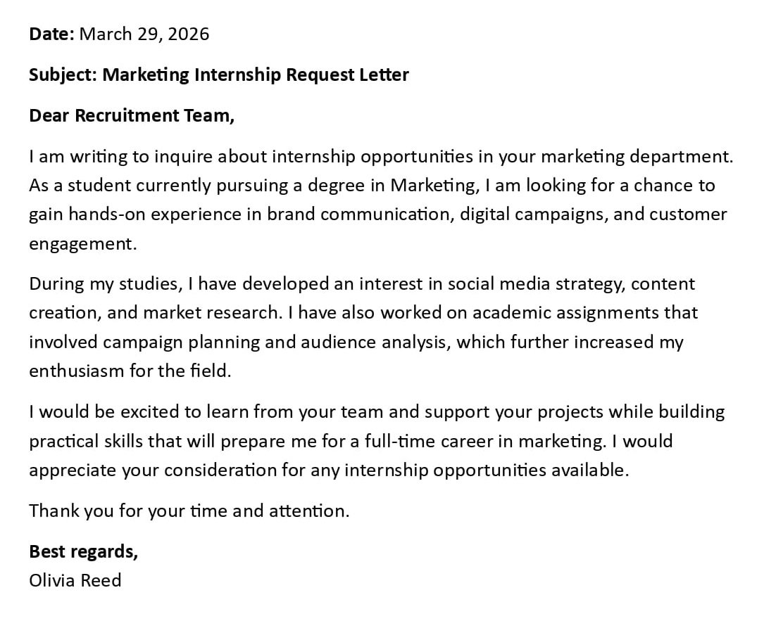 Marketing Internship Request Letter