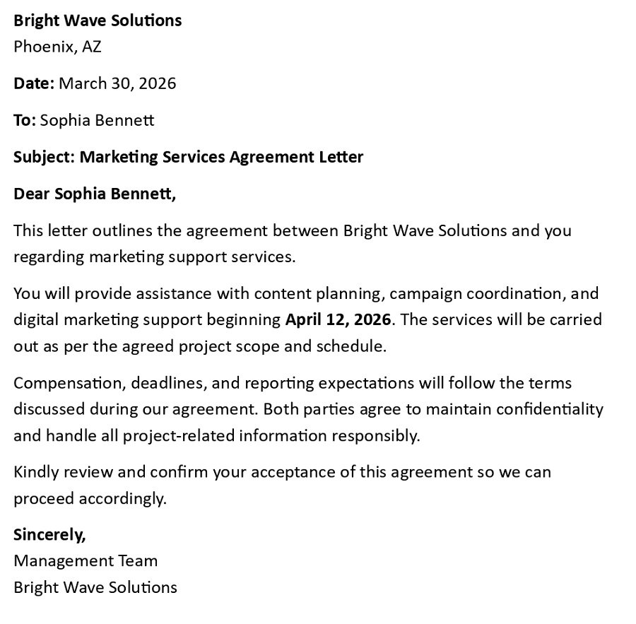 Marketing Services Agreement Letter
