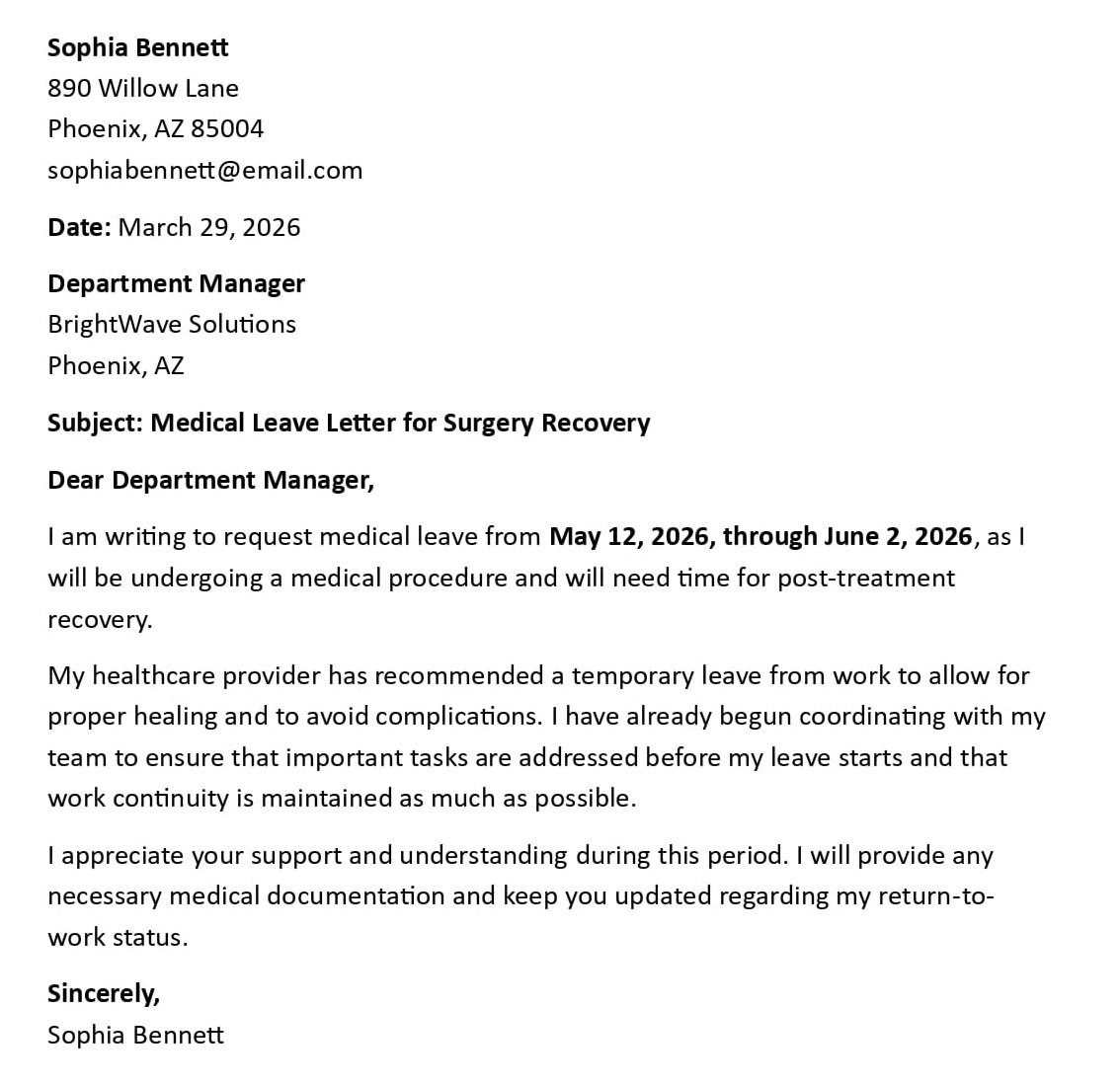 Medical Leave Letter for Surgery Recovery