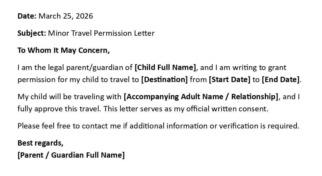 Minor Travel Permission Letter