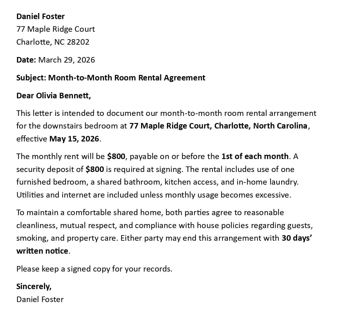 Month-to-Month Room Rental Agreement