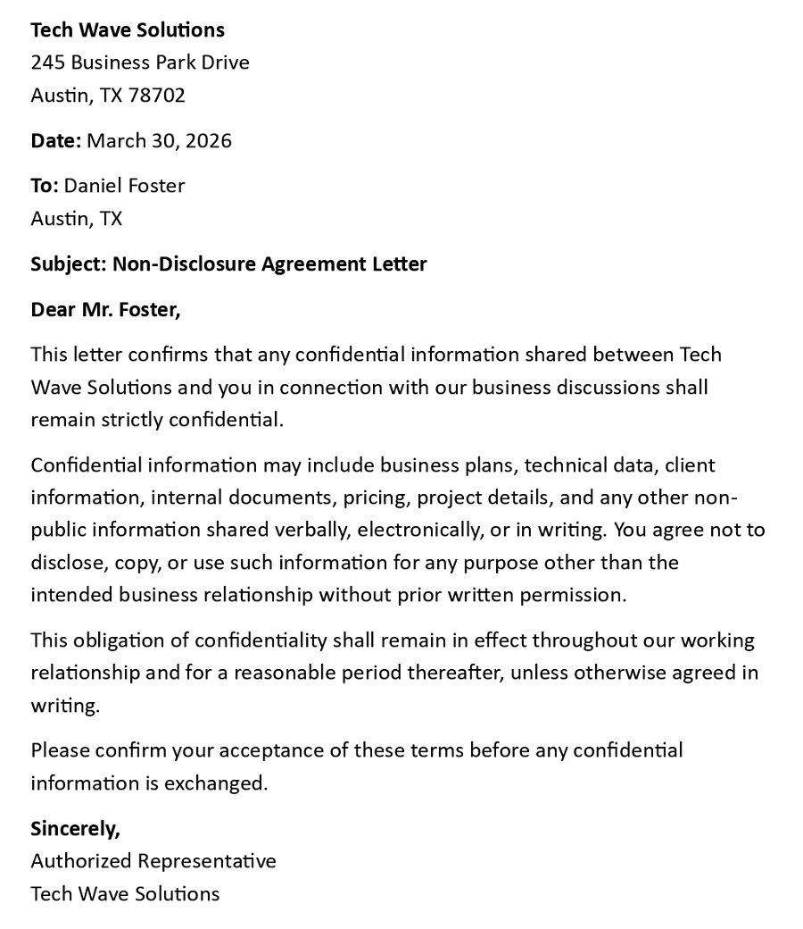 Non-Disclosure Agreement Letter