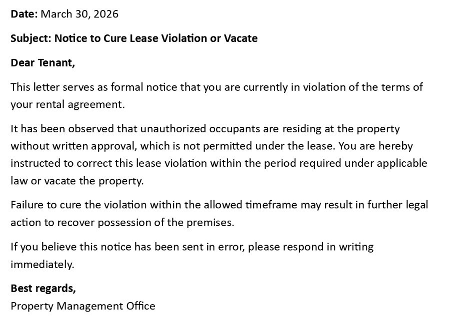 Notice to Cure Lease Violation or Vacate