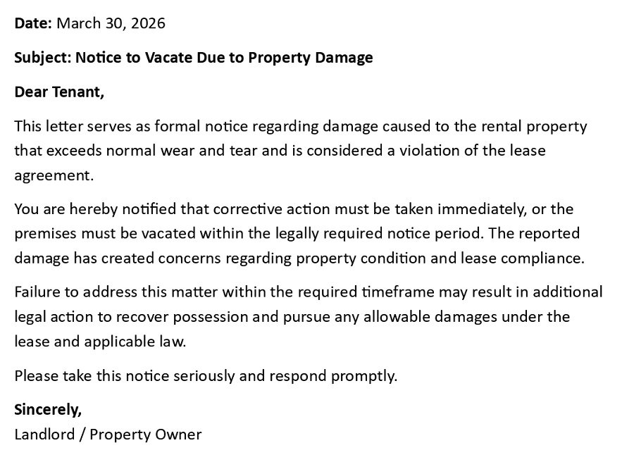 Notice to Vacate Due to Property Damage