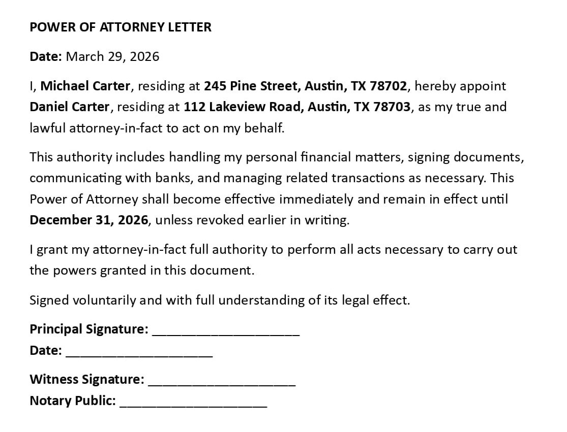 POWER OF ATTORNEY LETTER