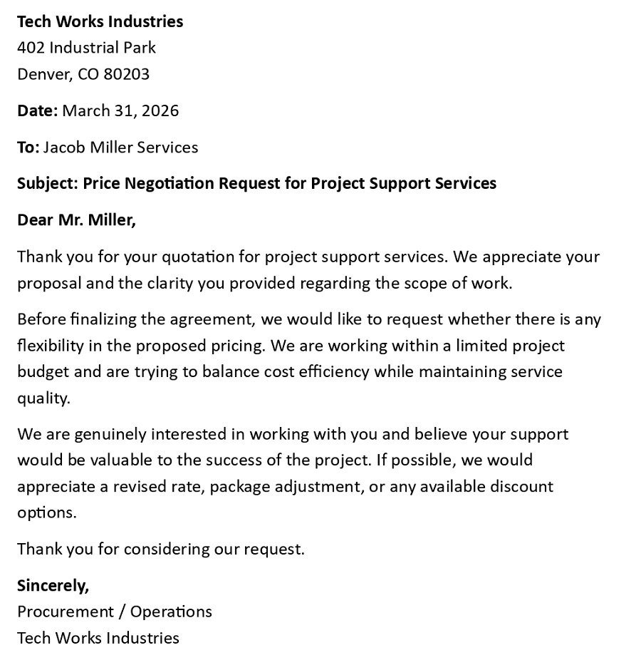 Price Negotiation Request for Project Support Services
