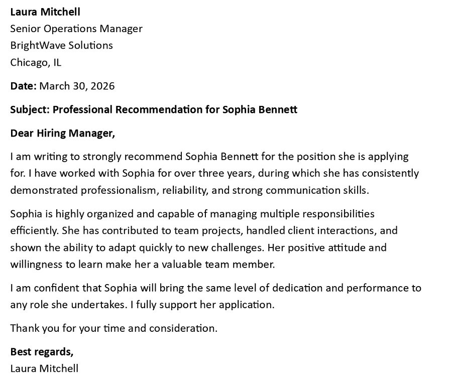 Professional Recommendation for Sophia Bennett