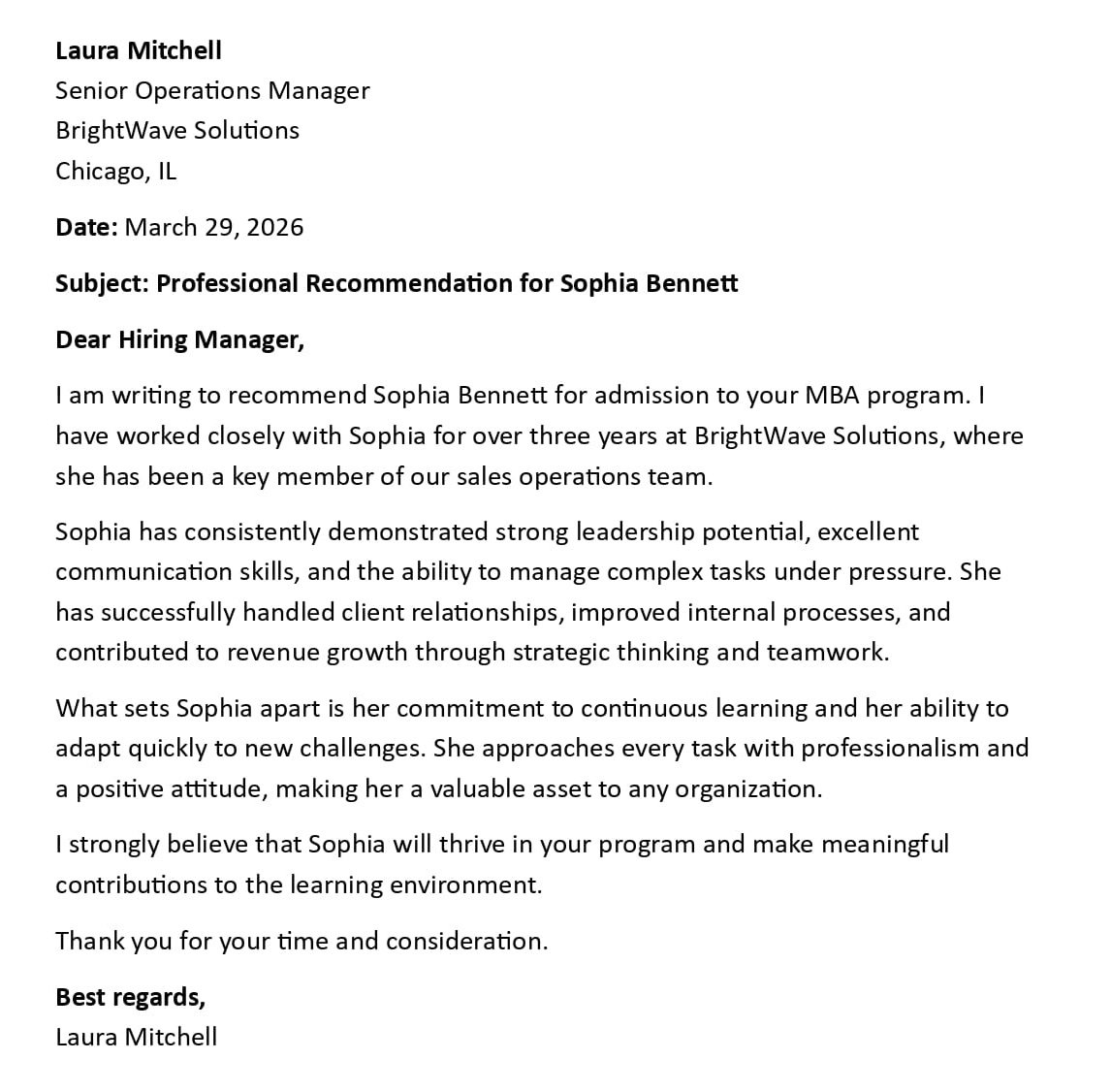 Professional Recommendation for Sophia Bennett