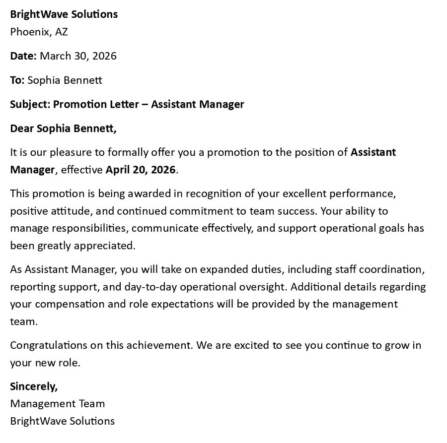 Job Promotion Letter (USA Professional Format + 5 Examples)