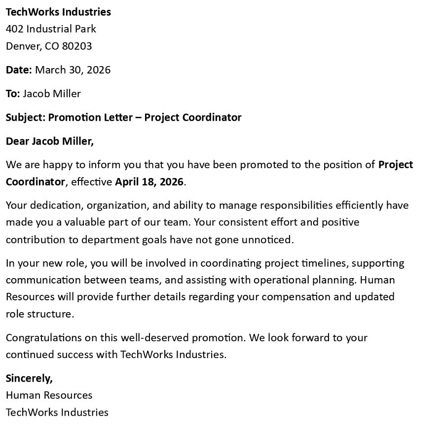 Promotion Letter – Project Coordinator
