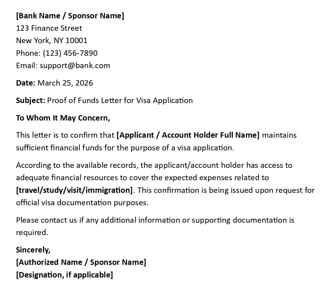 Proof of Funds Letter for Visa Application