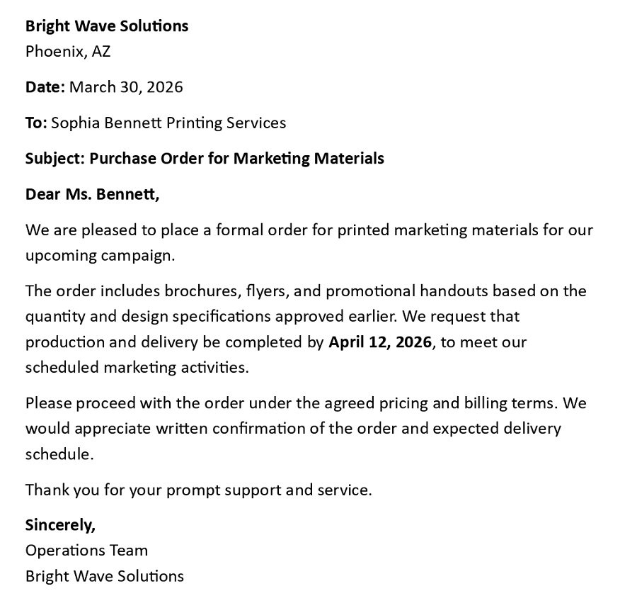 Purchase Order for Marketing Materials