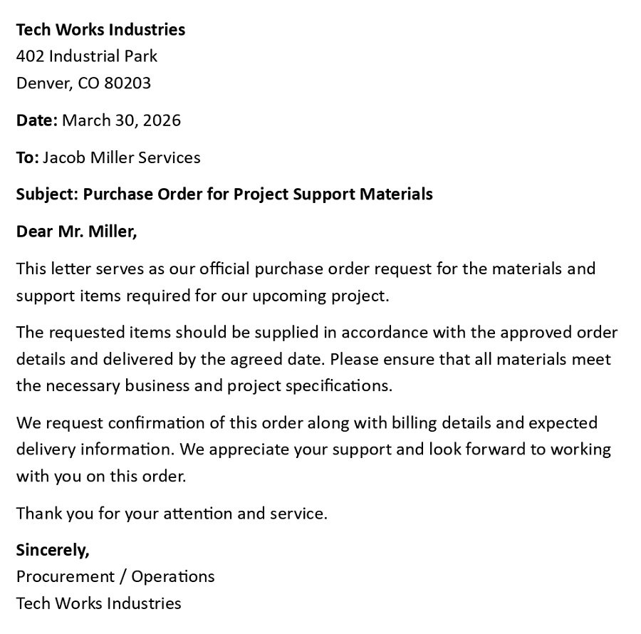 Purchase Order for Project Support Materials