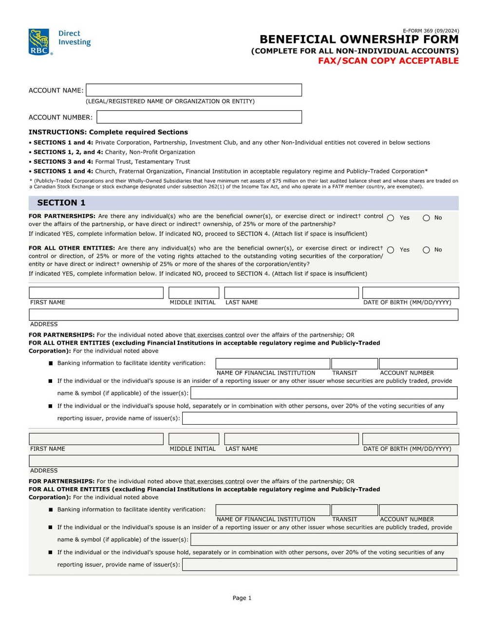 RBC Bank Form - Beneficial Ownership PDF Download