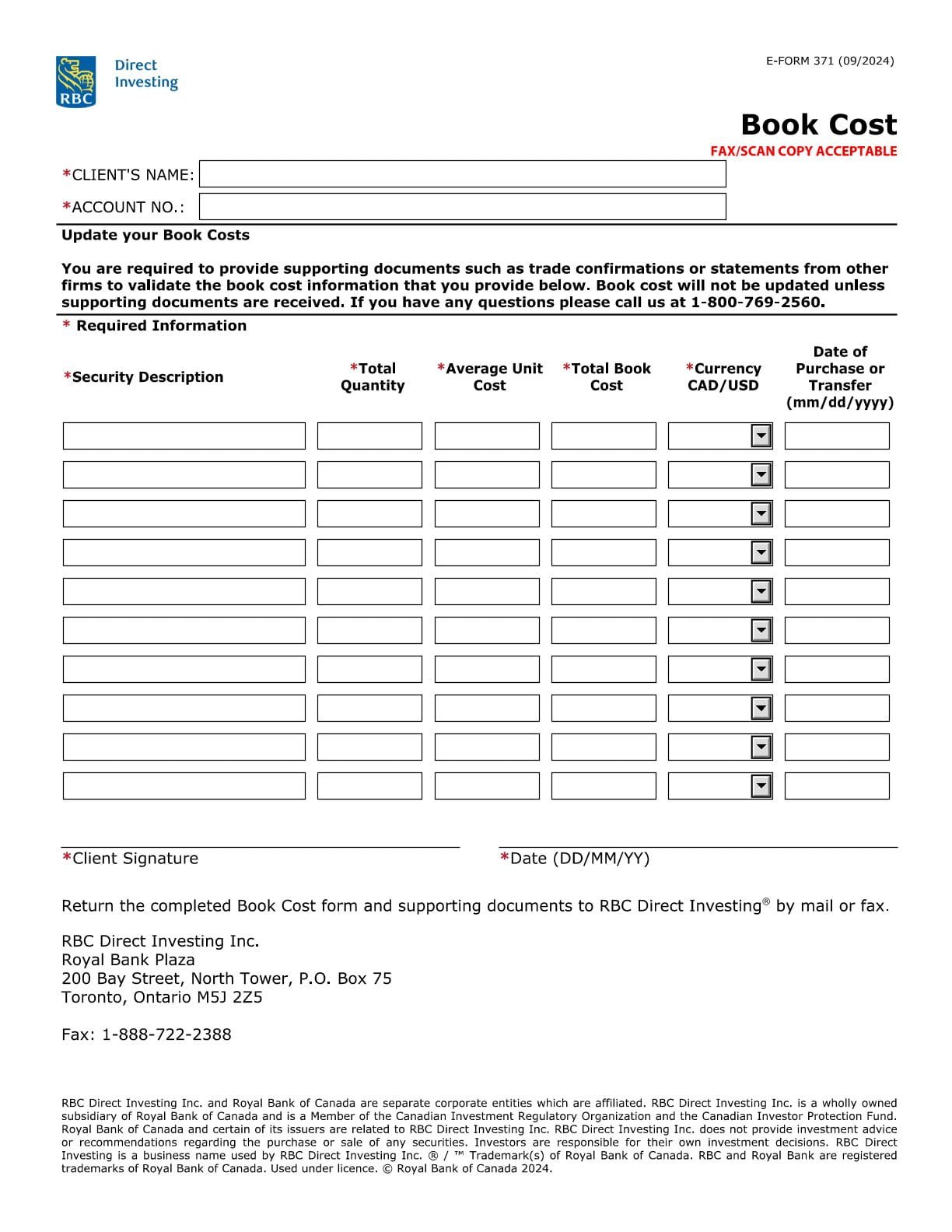 RBC Bank Form - Book Cost PDF Download