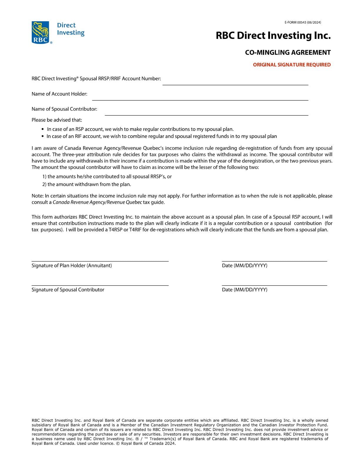 RBC Bank Form - Co-Mingling Agreement PDF Download