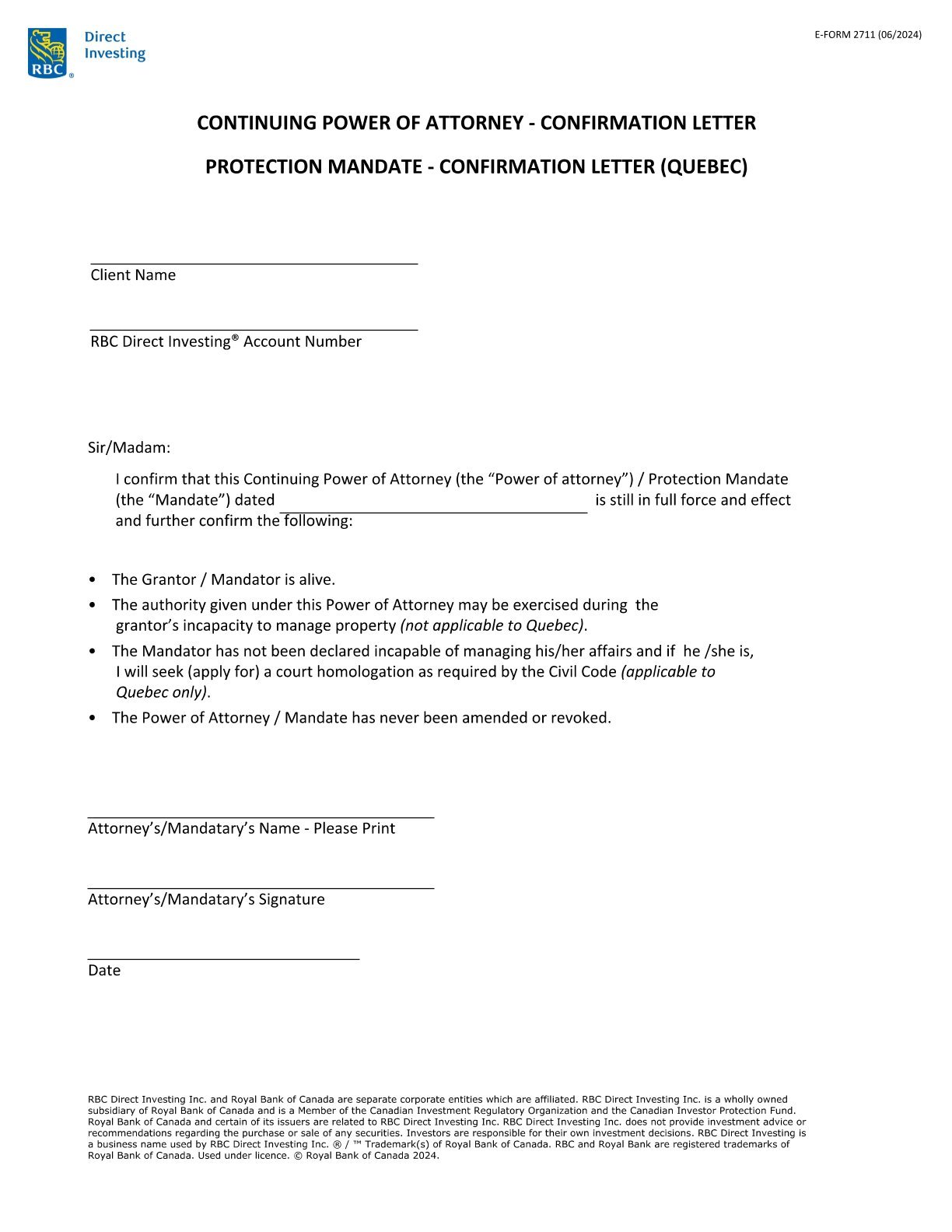 RBC Bank Form - Continuing Power of AttorneyMandate in Anticipation PDF Download