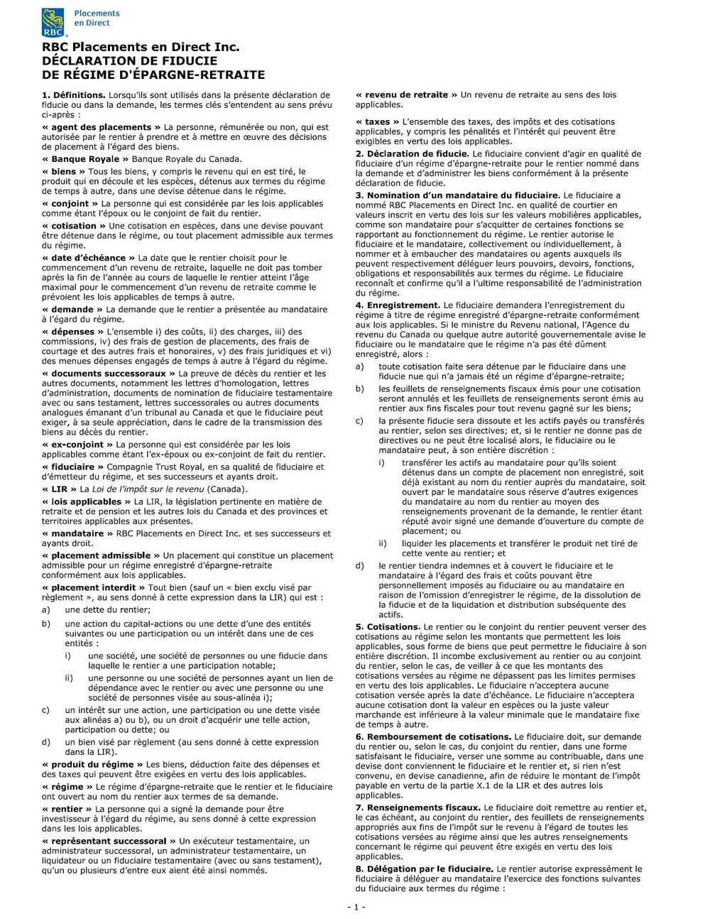 RBC Bank Form - Declaration of Trust (French Version) PDF Download