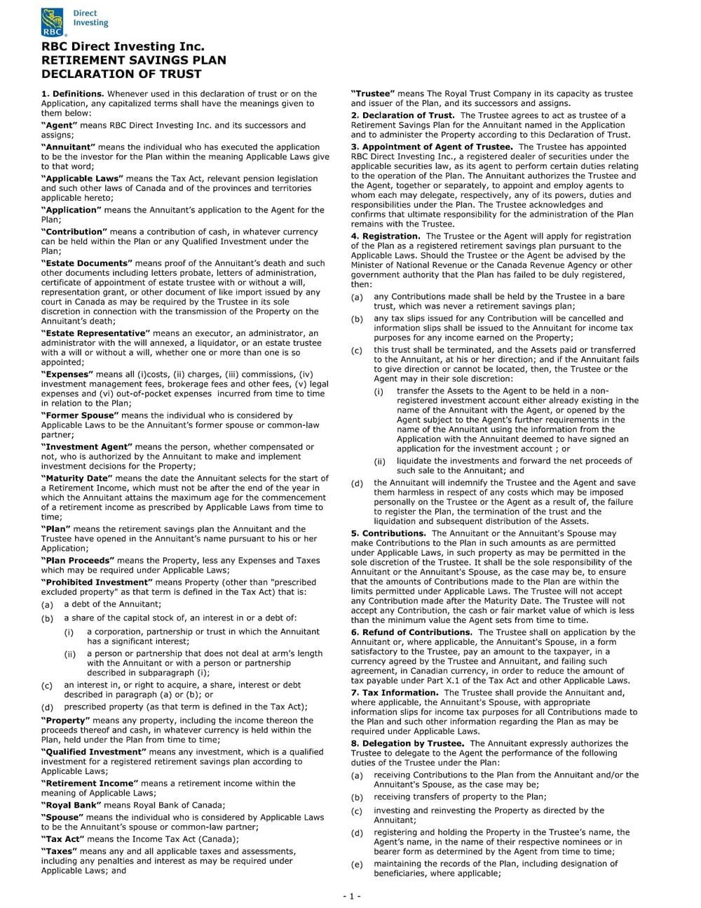 RBC Bank Form - Declaration of Trust (RSP) PDF Download