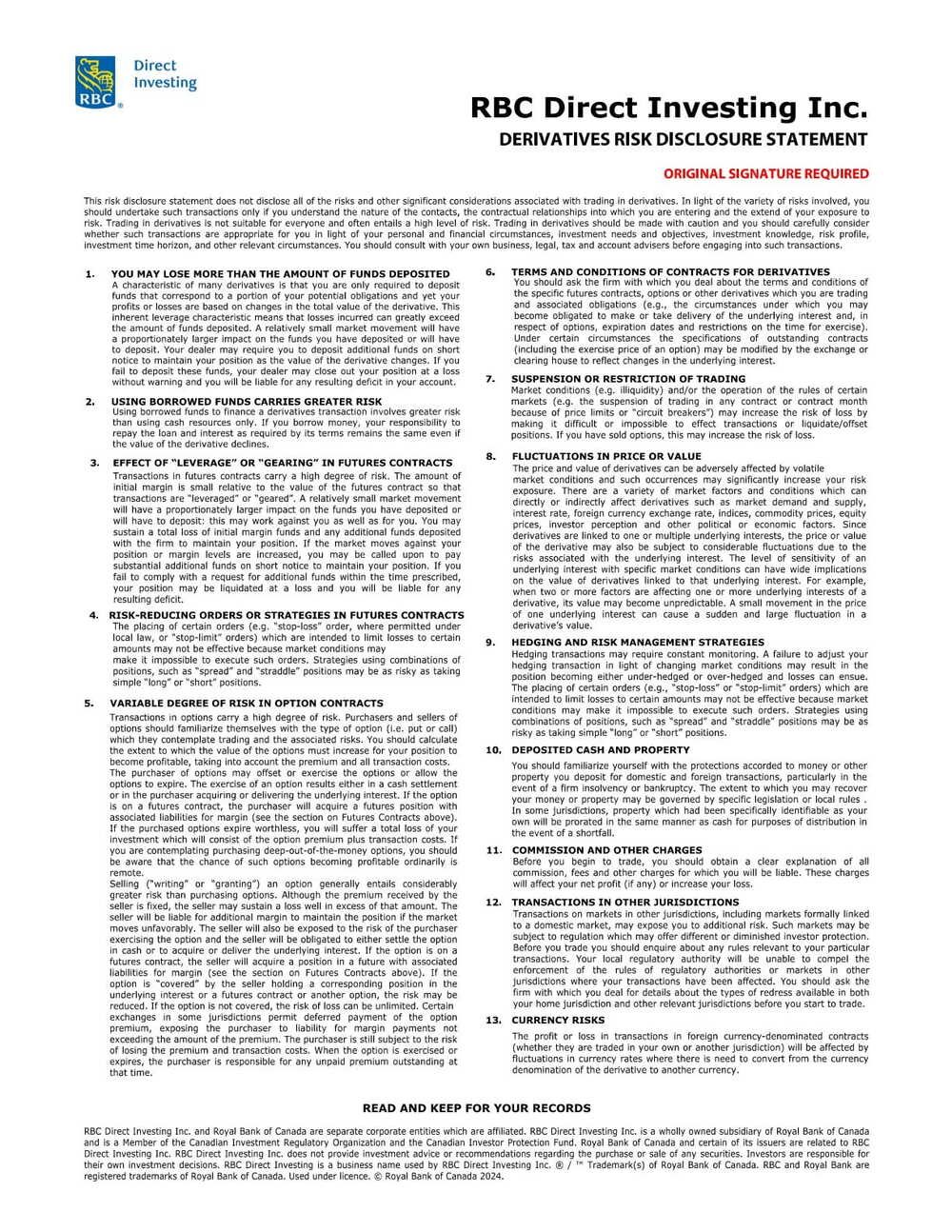 RBC Bank Form - Derivatives(options) Trading and Margin Agreement PDF Download