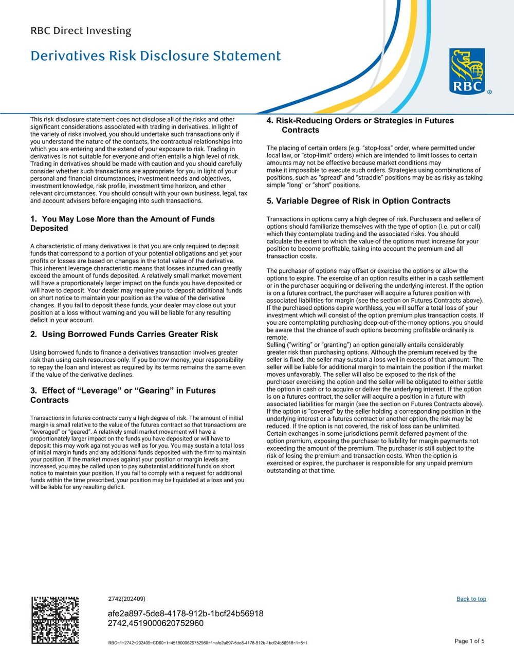 RBC Bank Form - Derivatives(options) Trading and Margin Agreements PDF Download