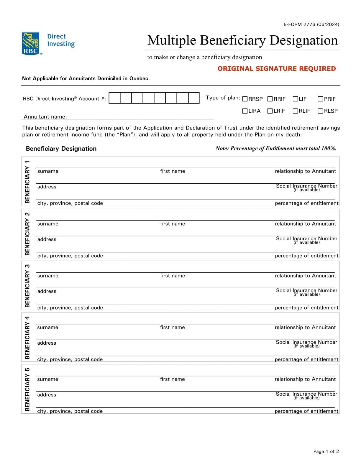 RBC Bank Form - Designation of Multiple Beneficiaries Guide PDF Download