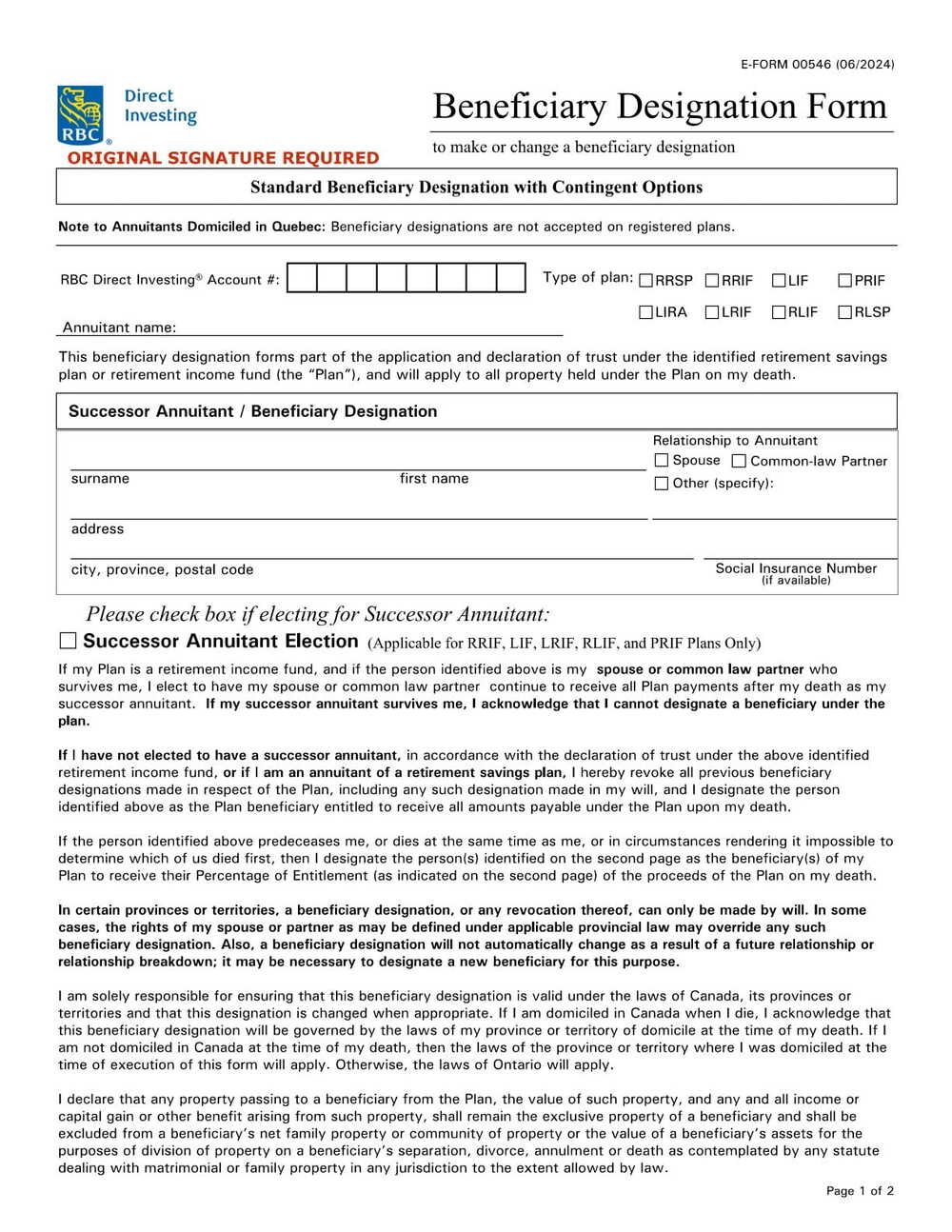 RBC Bank Form - Designation of Standard Beneficiary with Contingent PDF Download