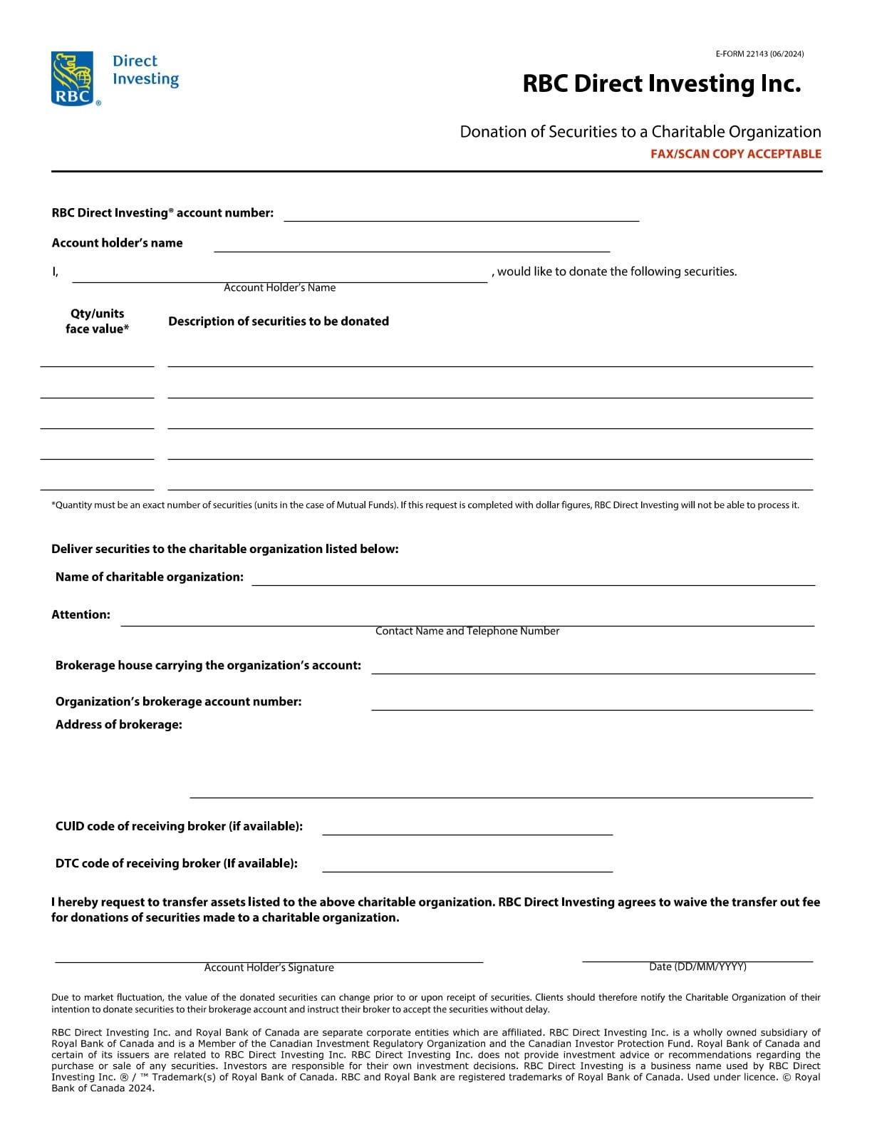 RBC Bank Form - Donation of Securities PDF Download