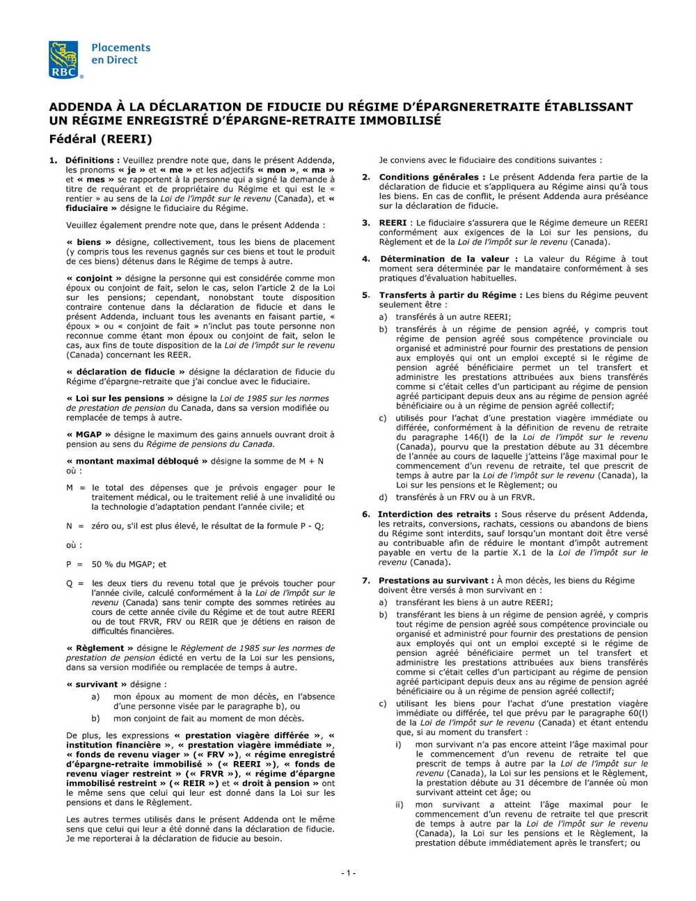 RBC Bank Form - Federal Addendum (French Version) PDF Download