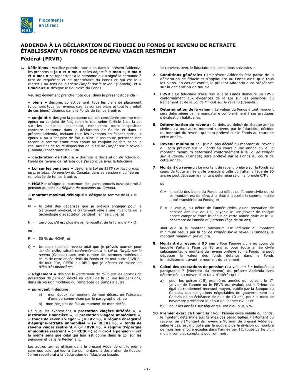 RBC Bank Form - Federal Addendum (French Version) PDF Download