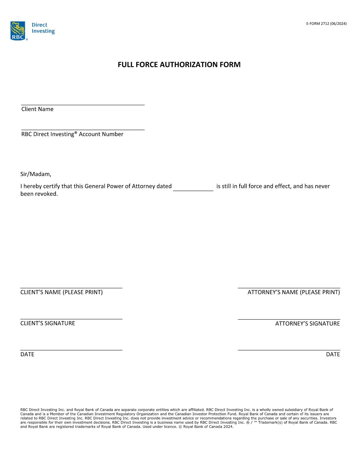 RBC Bank Form - Full Force Authorization PDF Download