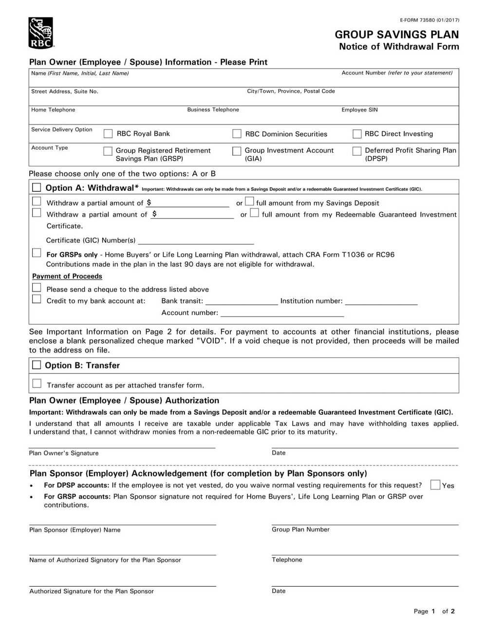 Bank Withdrawal Form.pdf RBC Bank Form - Group Savings Plan – Notice of Withdrawal PDF Download