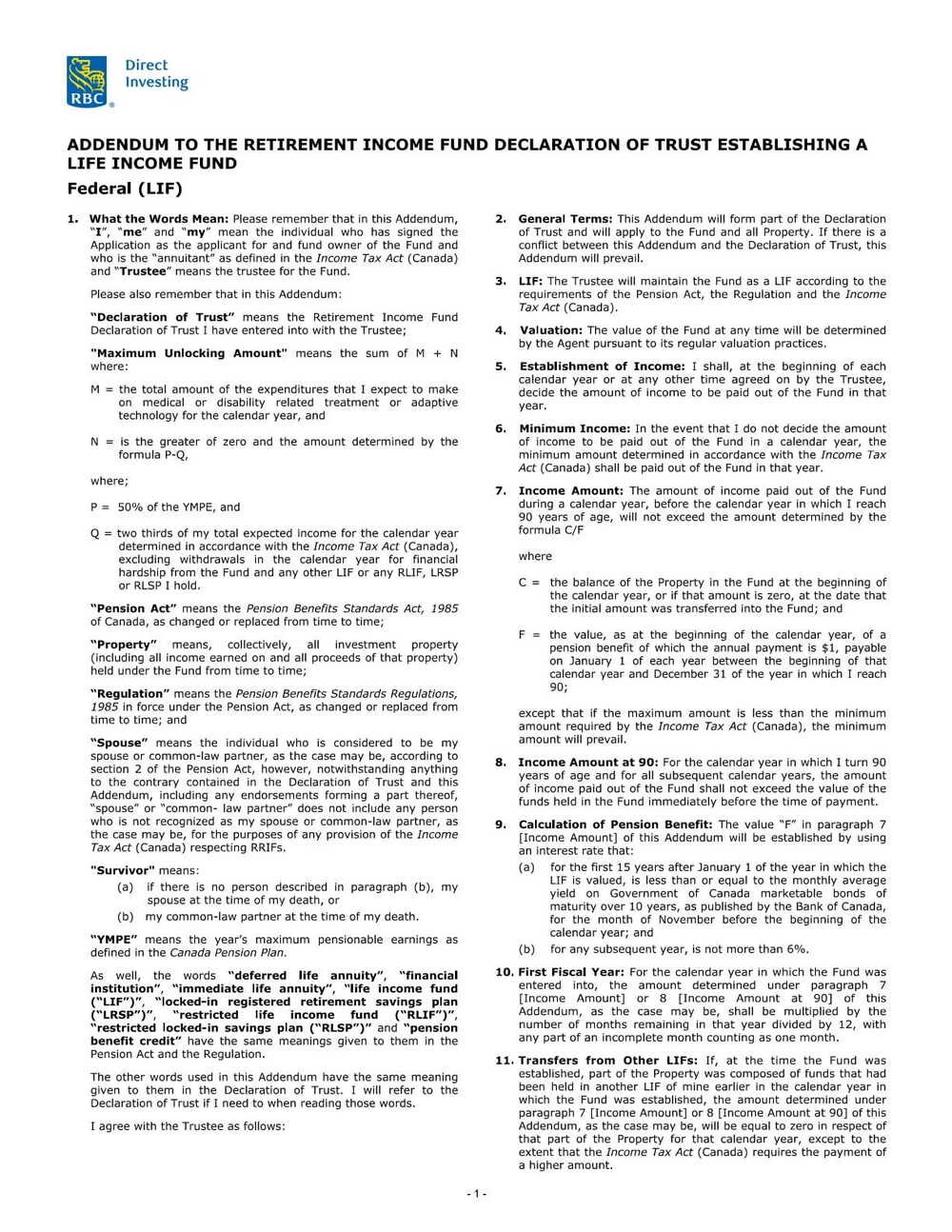RBC Bank Form - LIF - Federal Addendum PDF Download