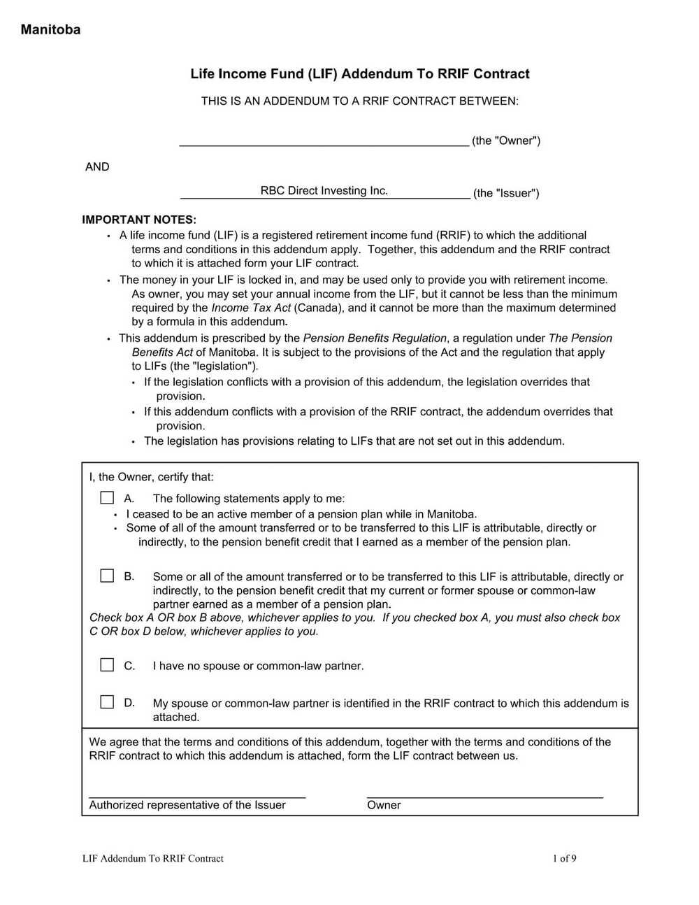 RBC Bank Form - LIF - Manitoba Addendum PDF Download