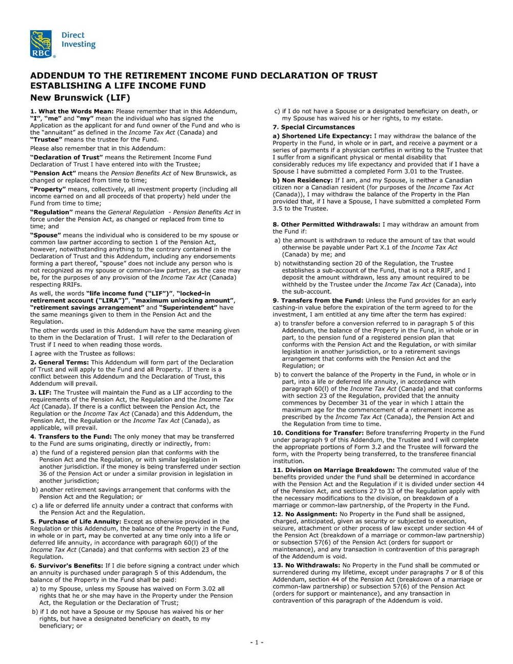 RBC Bank Form - LIF - New Brunswick Addendum PDF Download