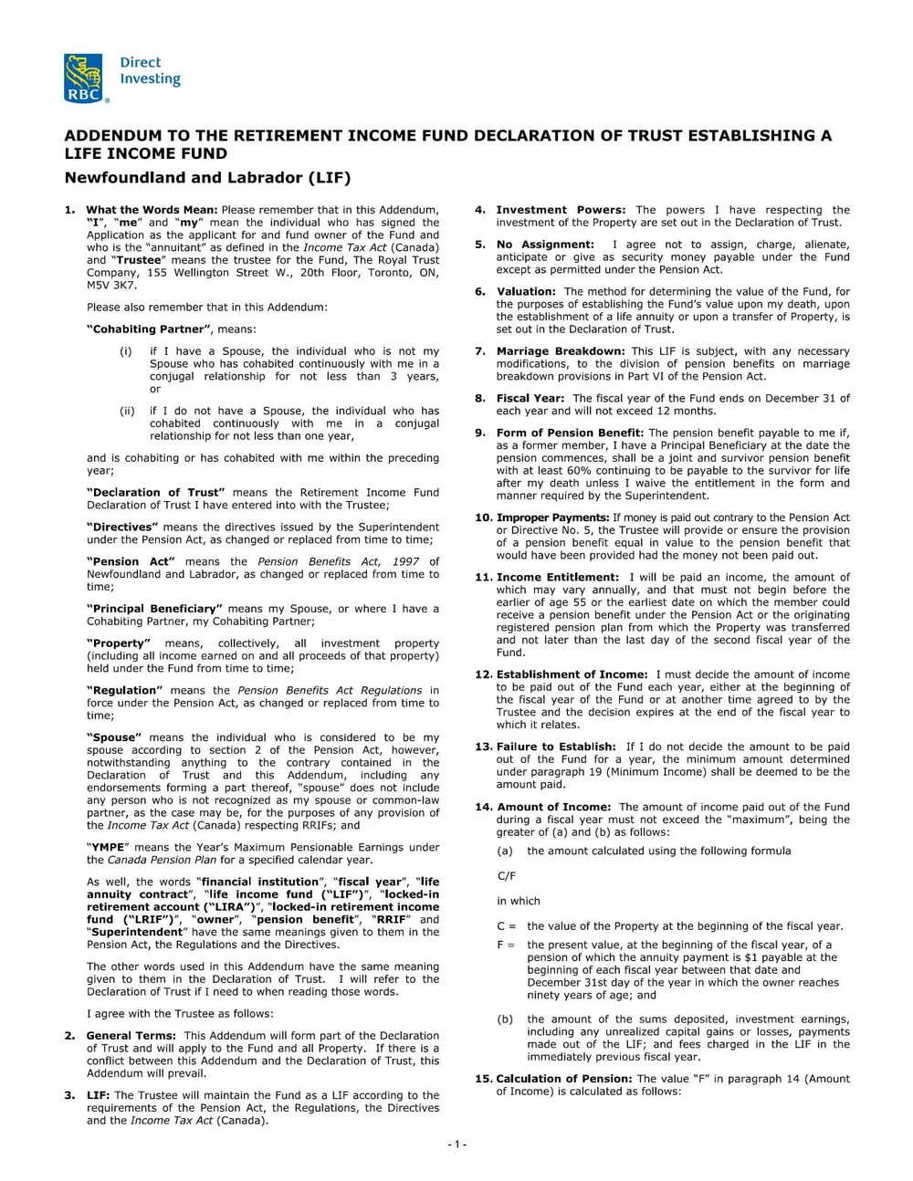 RBC Bank Form - LIF - Newfoundland & Labrador Addendum PDF Download