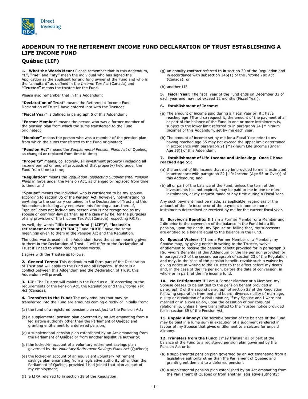 RBC Bank Form - LIF - Quebec Addendum PDF Download