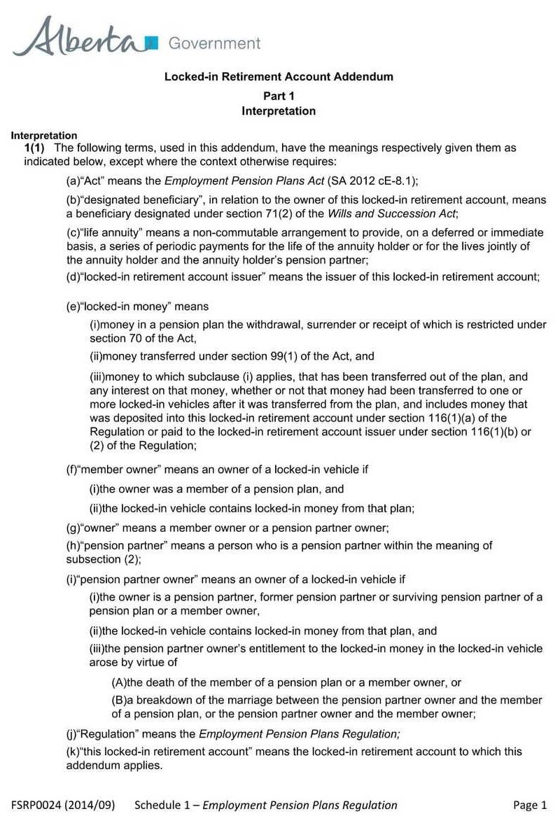 RBC Bank Form - LIRA - Alberta Addendum PDF Download