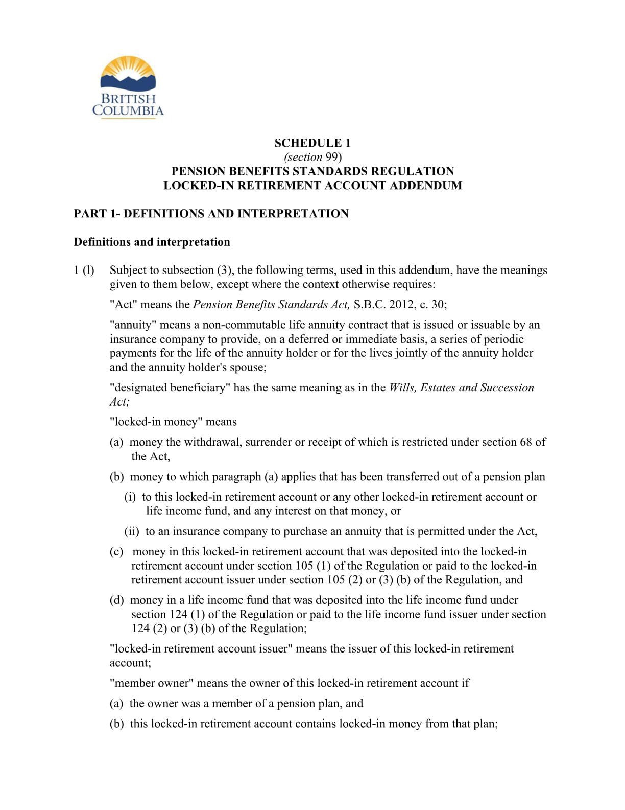 RBC Bank Form - LIRA - British Columbia Addendum PDF Download