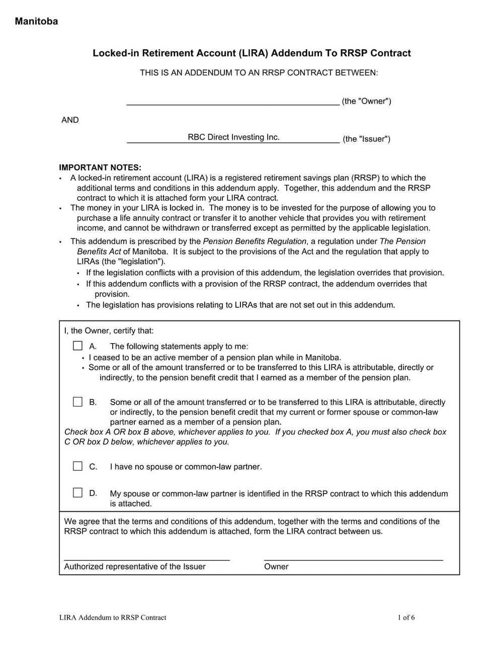 RBC Bank Form - LIRA - Manitoba Addendum PDF Download