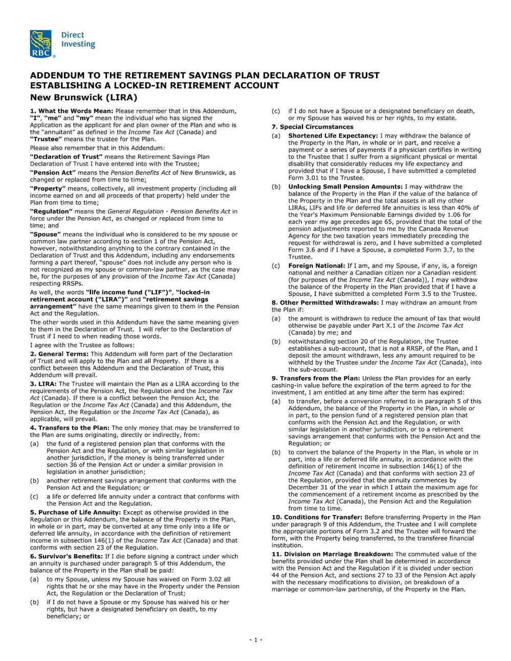 RBC Bank Form - LIRA - New Brunswick Addendum PDF Download
