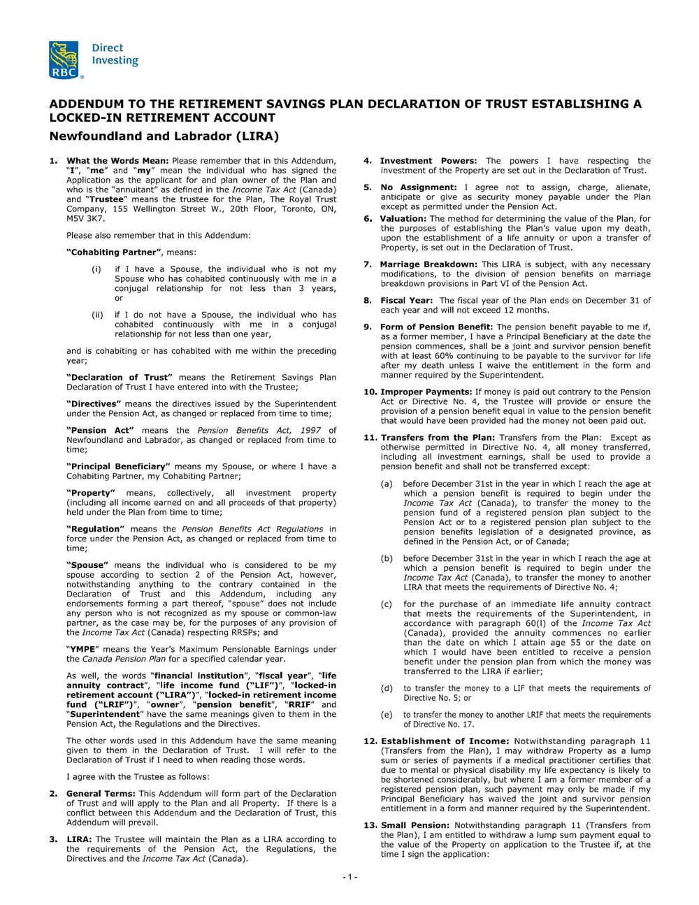 RBC Bank Form - LIRA - Newfoundland & Labrador Addendum PDF Download